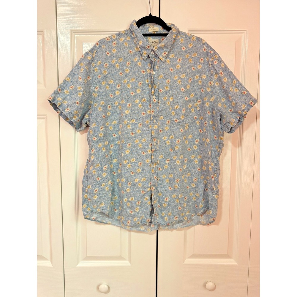 J Crew Blue Floral Daisy 100% Linen Casual Button Down Camp Shirt XL Beach Prep